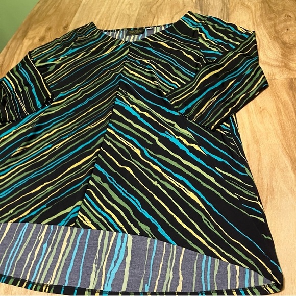 Bob Mackie Wearable Art Green Blue Yellow Striped Top Tunic Shirt Womens Size 1X - Picture 2 of 7